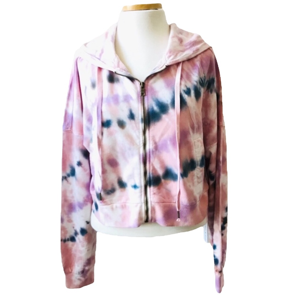 Young Fabulous & Broke Tie Dye Crop Zip Up Hoodie Pink Purple Blue Size MED NWT